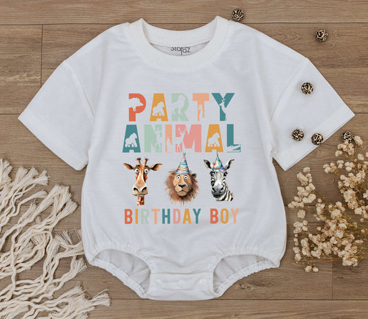 Party Animal Birthday Boy Romper Wild One Safari First Birthday Outfit Playful Multicolored Jungle Animals Giraffe Lion Zebra