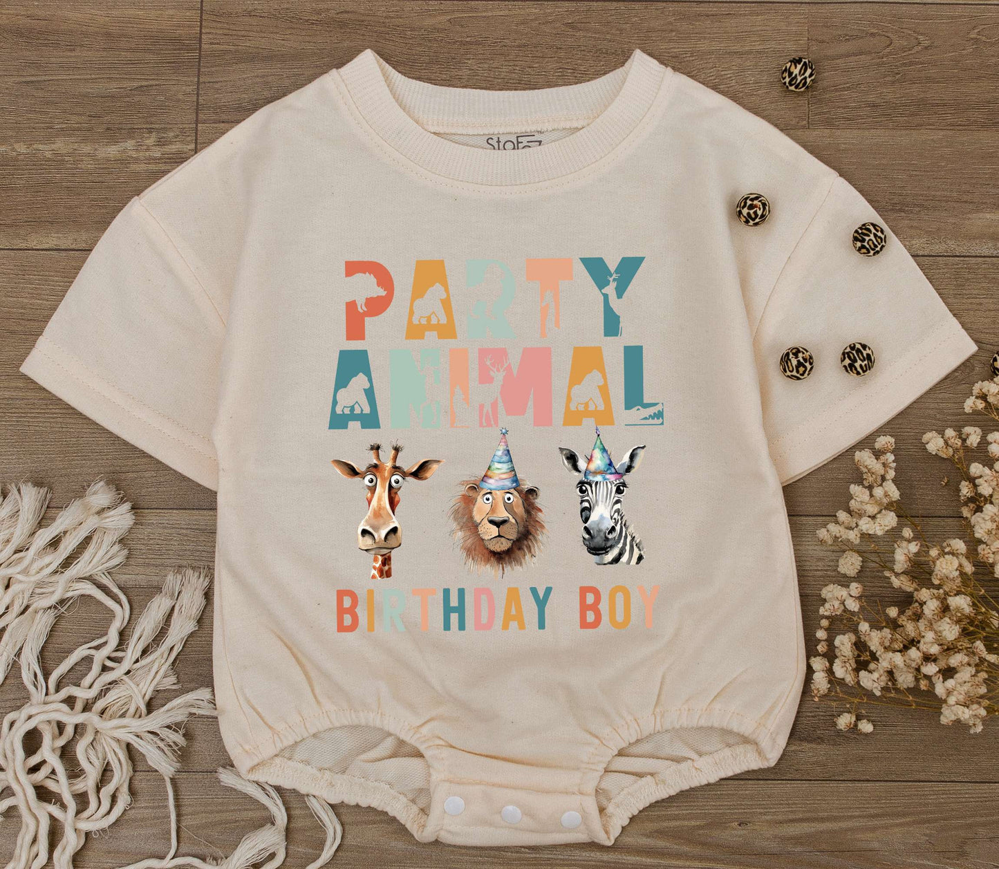 Party Animal Birthday Boy Romper Wild One Safari First Birthday Outfit Playful Multicolored Jungle Animals Giraffe Lion Zebra
