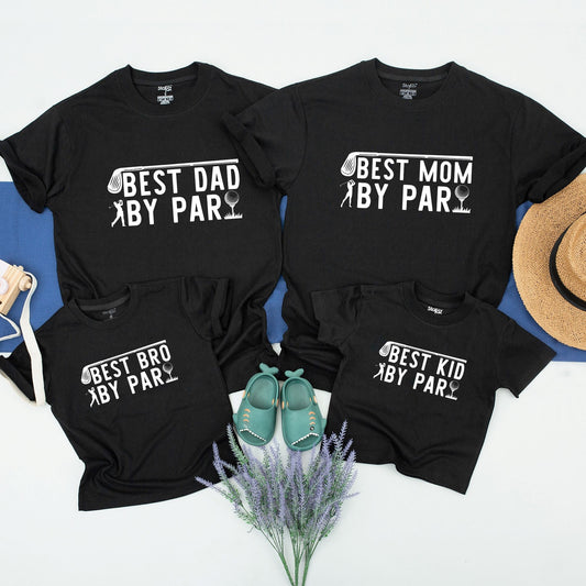 Mommy and Me Golf Birthday Shirts for First Birthday Party and Family, featuring 'Best By Par' design with golf club and ball for a playful modern celebration
