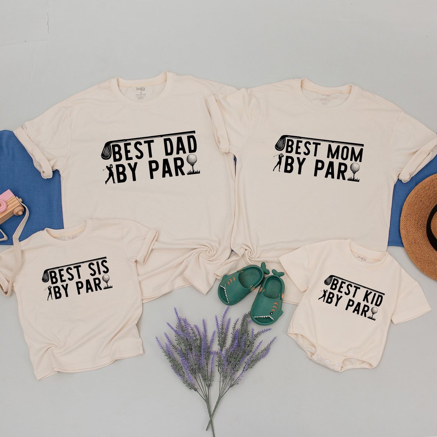 Mommy and Me Golf Birthday Shirts for First Birthday Party and Family, featuring 'Best By Par' design with golf club and ball for a playful modern celebration