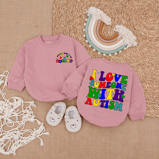 I Love Someone With Autism Retro Bright Colorful Baby Bubble Romper Bodysuit Autistic Pride Newborn Gift Playful Puzzle Piece Star Design