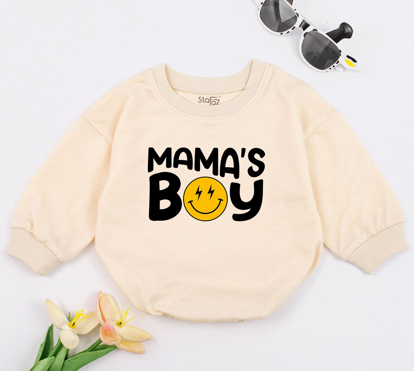 Mama's Boy Baby Romper featuring Retro Smiley Face Lightning Bolt Design, Cute Baby Boy Outfit for First Mother's Day Gift, Baby Shower, New Baby Sleepsuit