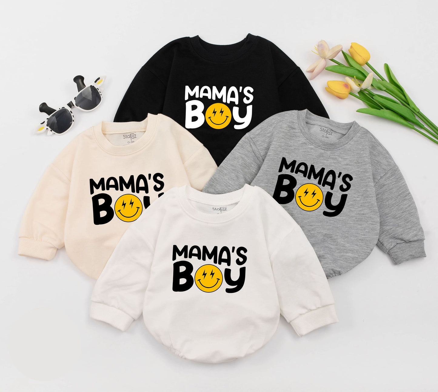 Mama's Boy Baby Romper featuring Retro Smiley Face Lightning Bolt Design, Cute Baby Boy Outfit for First Mother's Day Gift, Baby Shower, New Baby Sleepsuit