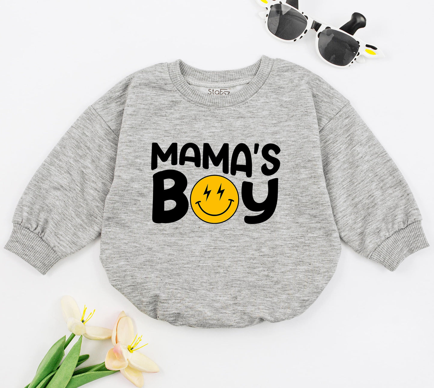 Mama's Boy Baby Romper featuring Retro Smiley Face Lightning Bolt Design, Cute Baby Boy Outfit for First Mother's Day Gift, Baby Shower, New Baby Sleepsuit