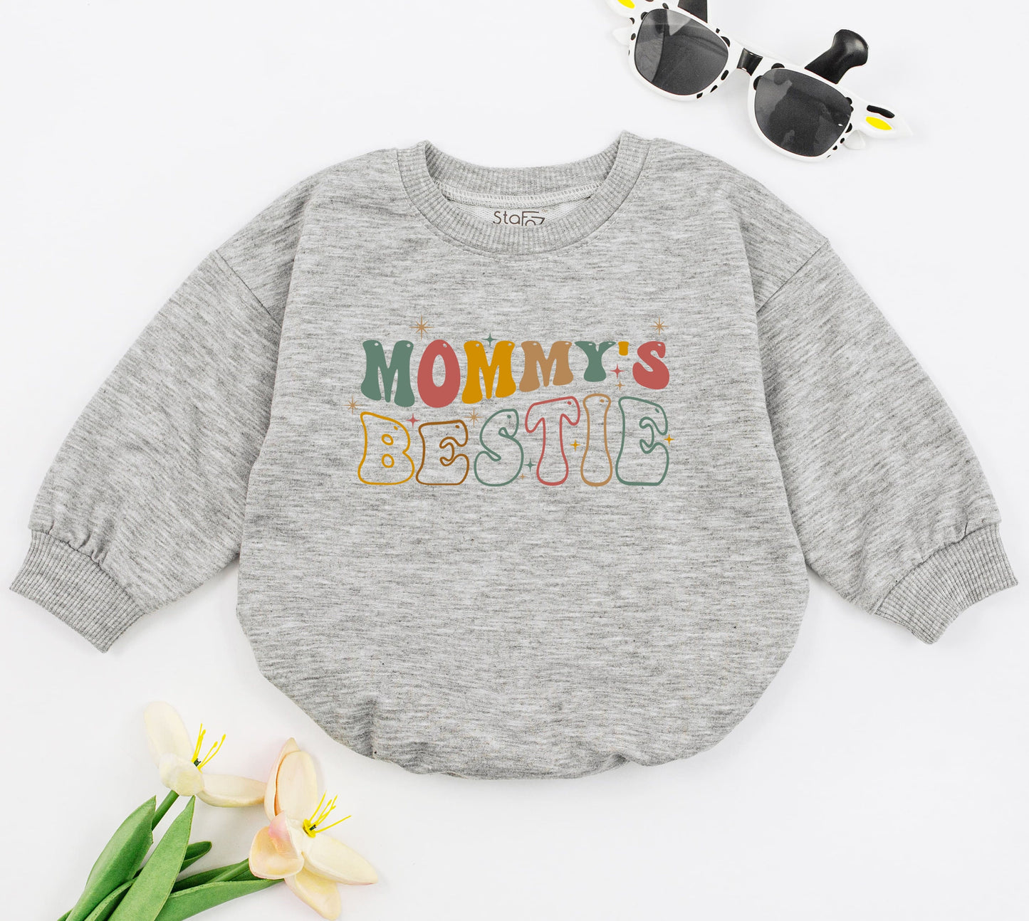 Mommy's Bestie Retro Baby Romper Mothers Day Gift with Earthy Colors and Playful Starbursts Cute Newborn Sleepsuit First Shower Outfit