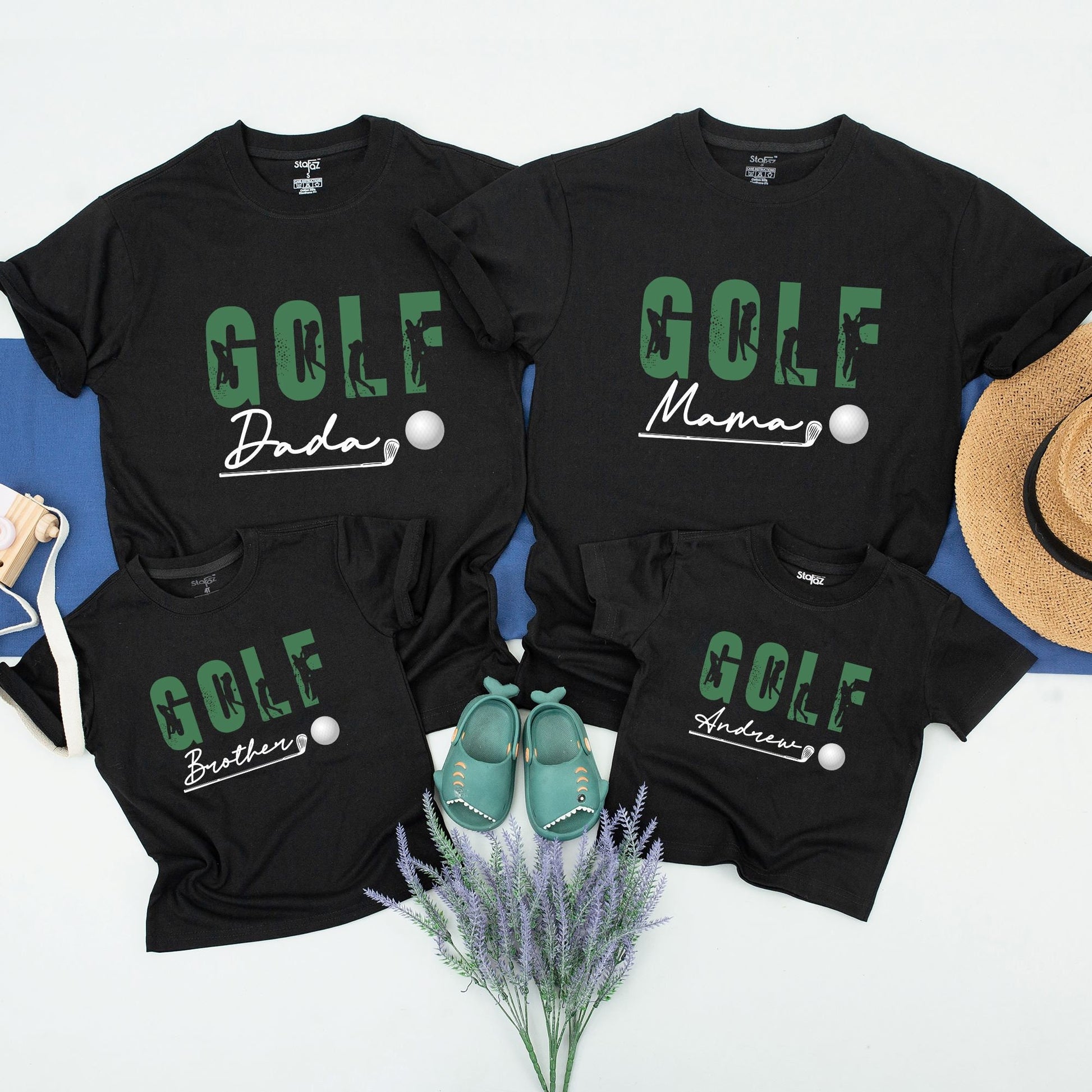Family Matching Personalized Golf Birthday Shirts with Green GOLF Text Silhouettes for Boy's First Birthday Party Celebration Gift
