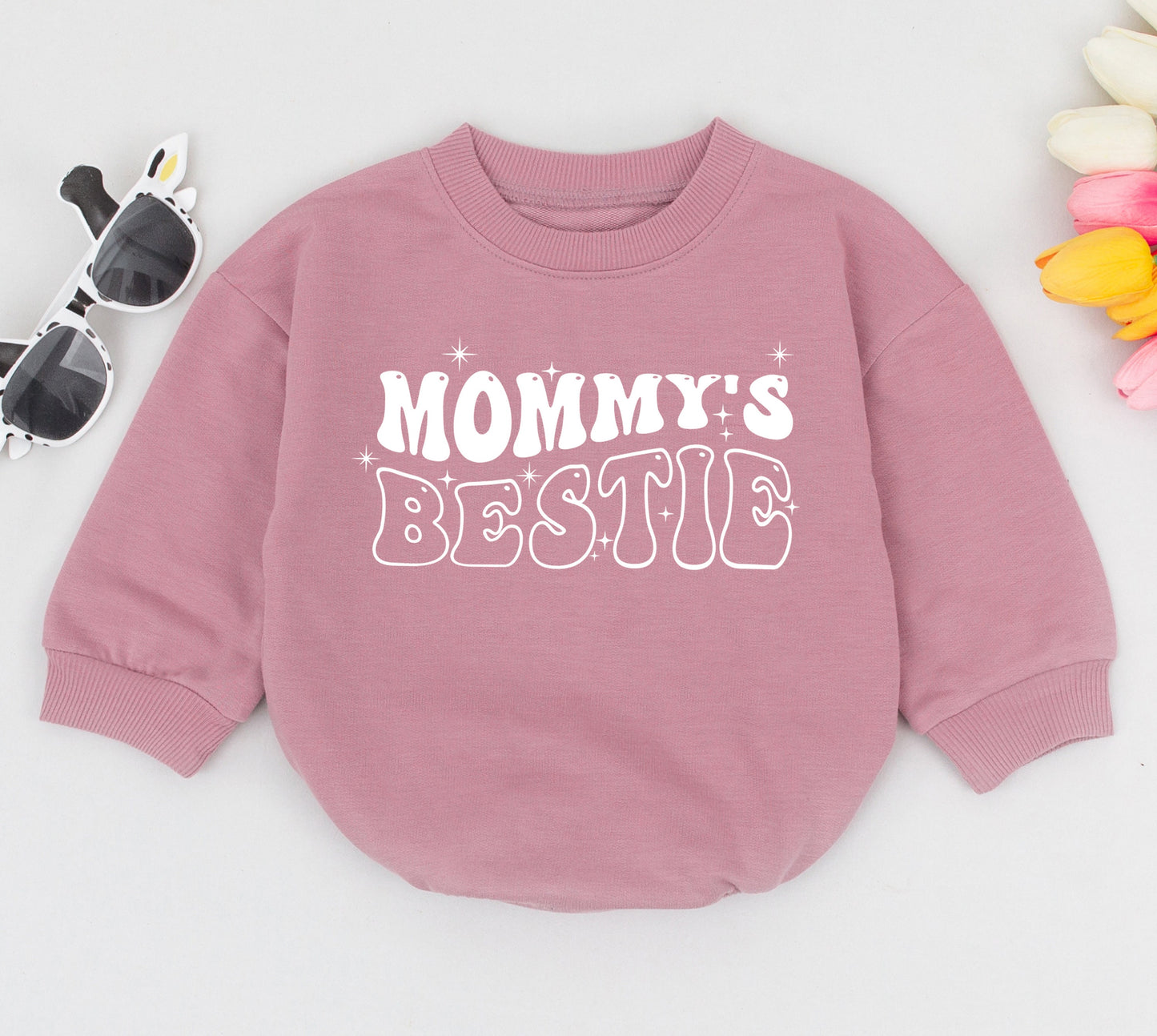 Mommy's Bestie Retro Baby Romper Mothers Day Gift with Earthy Colors and Playful Starbursts Cute Newborn Sleepsuit First Shower Outfit
