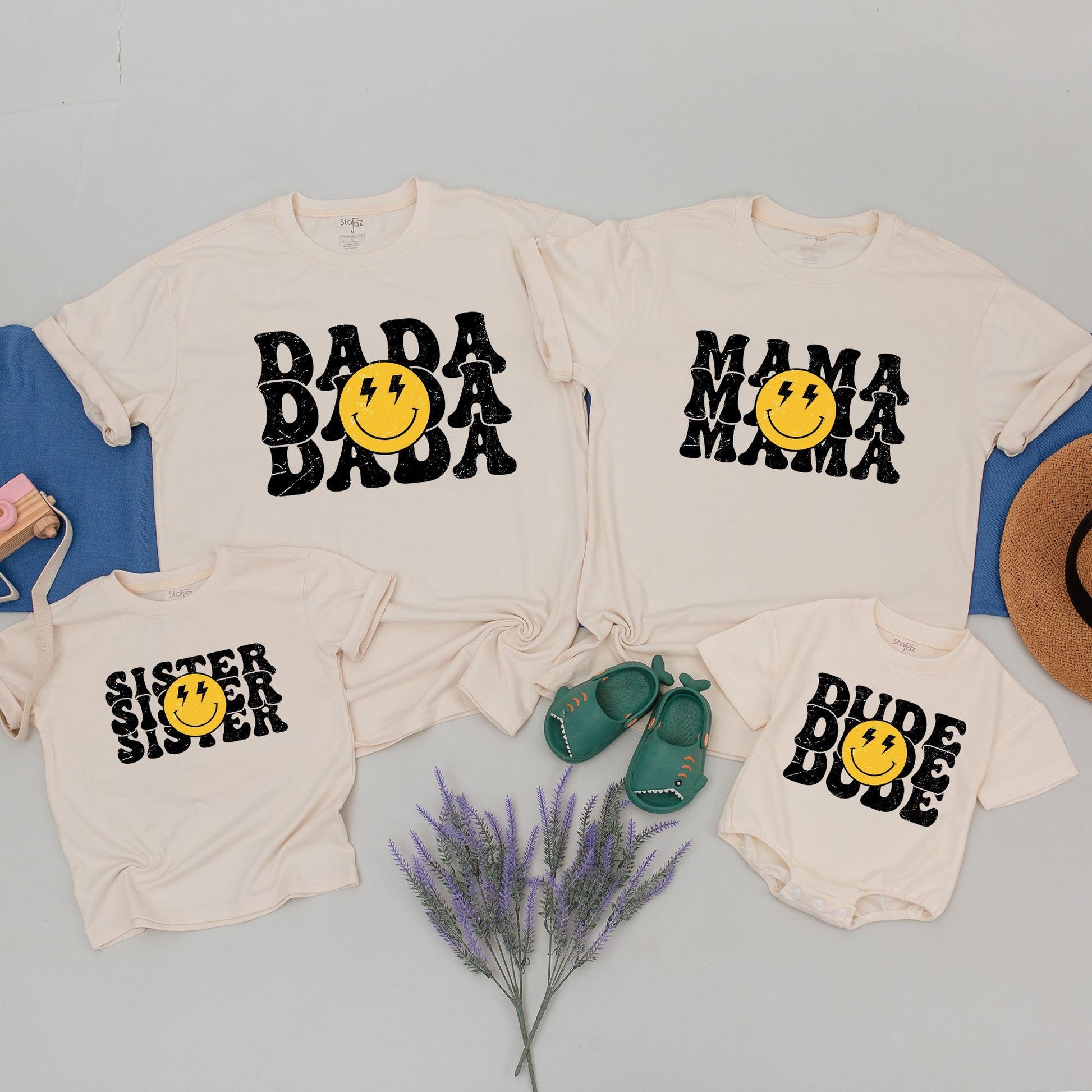 One Happy Dude Birthday Shirt Retro Smiley Face Bolt Eyes Matching Family Outfit Toddler Boy First Birthday Party Vintage Style