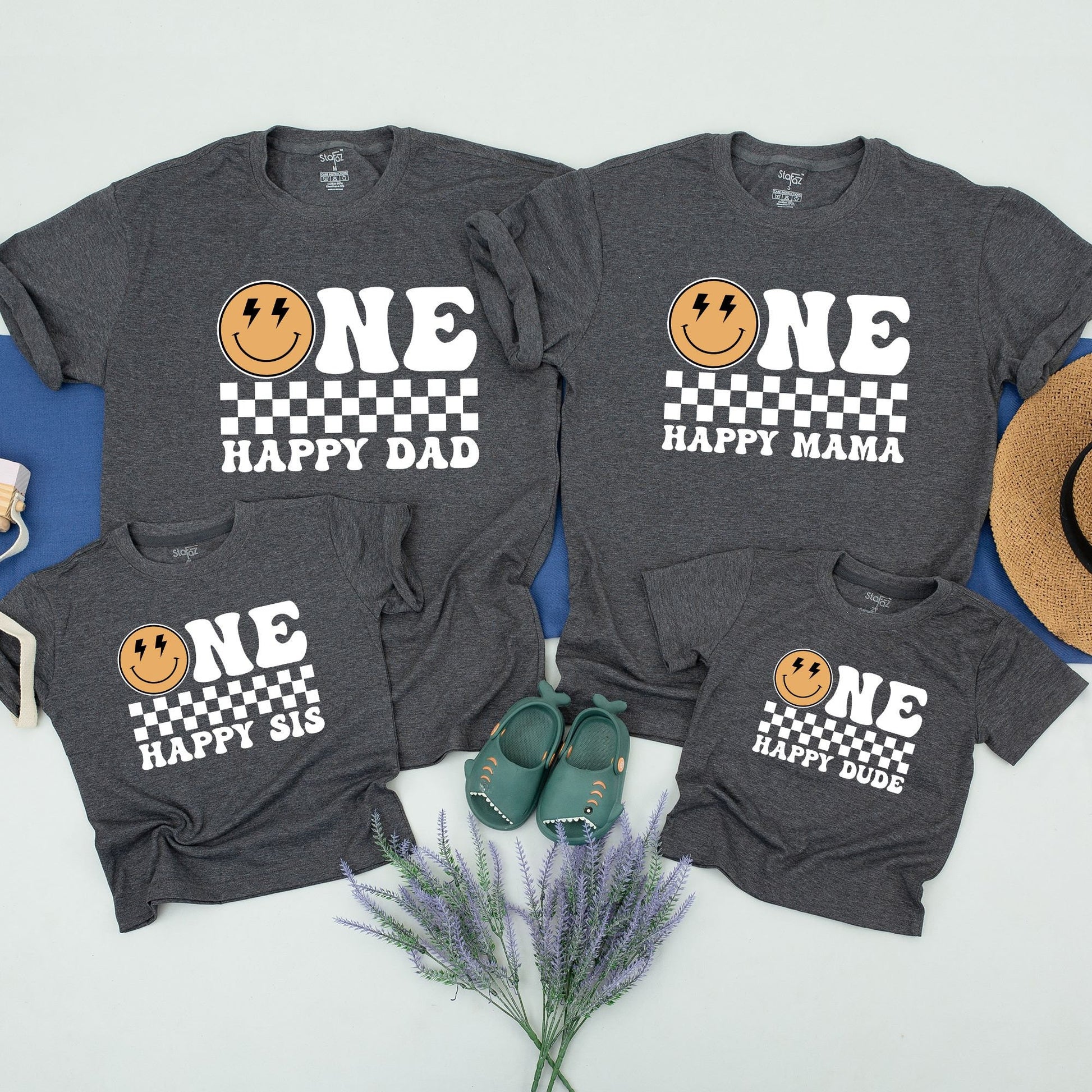 One Happy Dude First Birthday Shirt Retro Smiley Bolt Eyes Matching Family Toddler Boy Party Outfit Yellow Black White Checkered Comfort