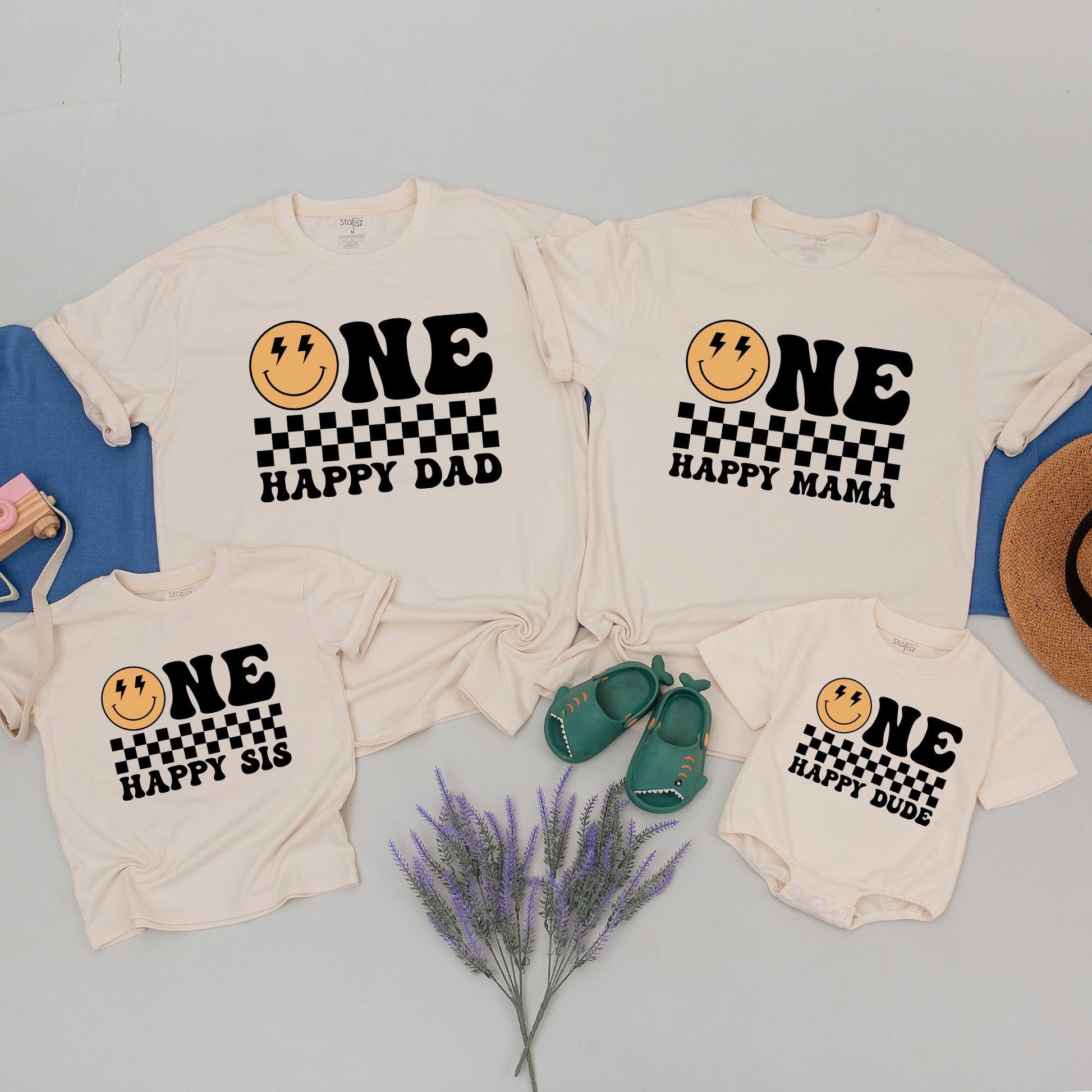 One Happy Dude First Birthday Shirt Retro Smiley Bolt Eyes Matching Family Toddler Boy Party Outfit Yellow Black White Checkered Comfort