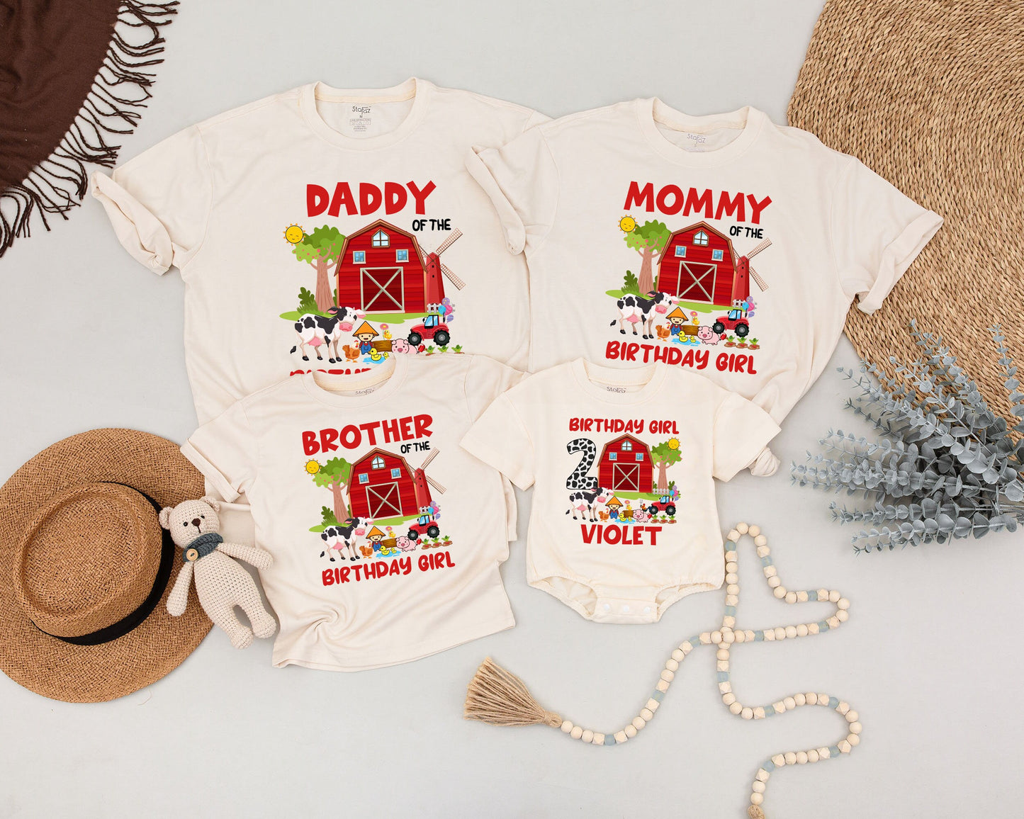 Personalized Barnyard Birthday Family Matching Shirts for Mom Dad Sister & Birthday Girl with Name Age Farm Animal Red Barn Tractor Design