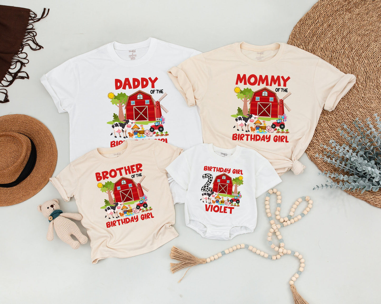 Personalized Barnyard Birthday Family Matching Shirts for Mom Dad Sister & Birthday Girl with Name Age Farm Animal Red Barn Tractor Design