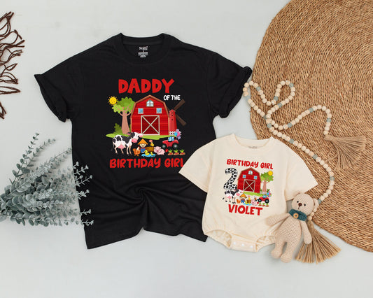 Personalized Barnyard Birthday Family Matching Shirts for Mom Dad Sister & Birthday Girl with Name Age Farm Animal Red Barn Tractor Design