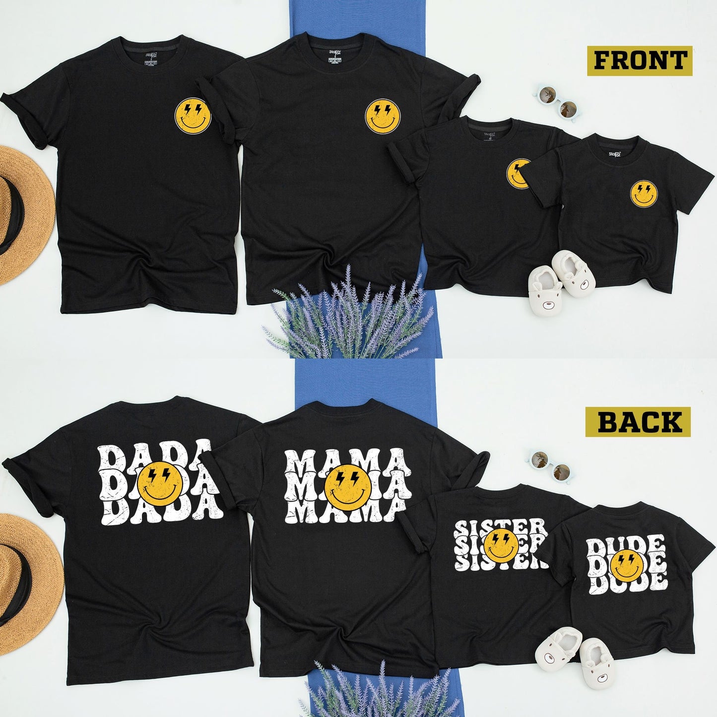 One Happy Dude Retro Smiley Face Birthday Matching Family Shirts for Mom Dad Sister Brother Boys Girls Toddlers Yellow Distressed Design