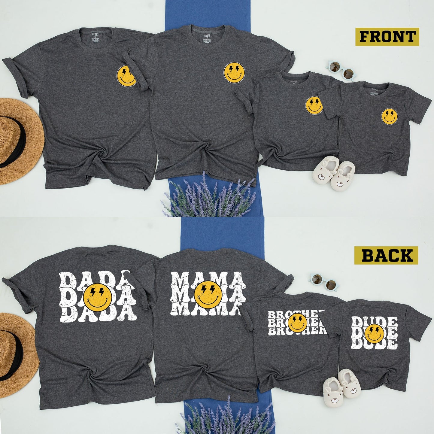 One Happy Dude Retro Smiley Face Birthday Matching Family Shirts for Mom Dad Sister Brother Boys Girls Toddlers Yellow Distressed Design