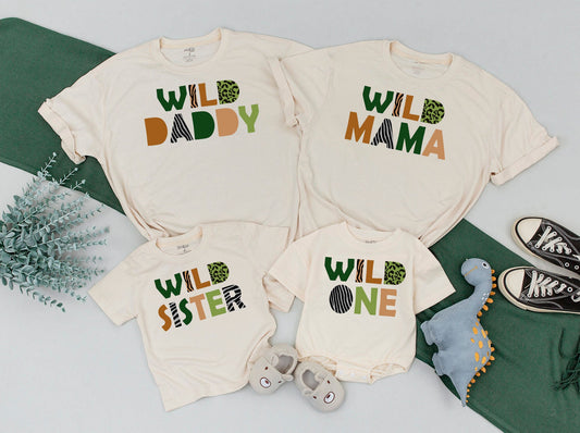Wild One Matching Family Birthday Shirts for First Celebration Safari Jungle Animal Print Outfit Bold Earth Tones Green Caramel Leopard Pattern