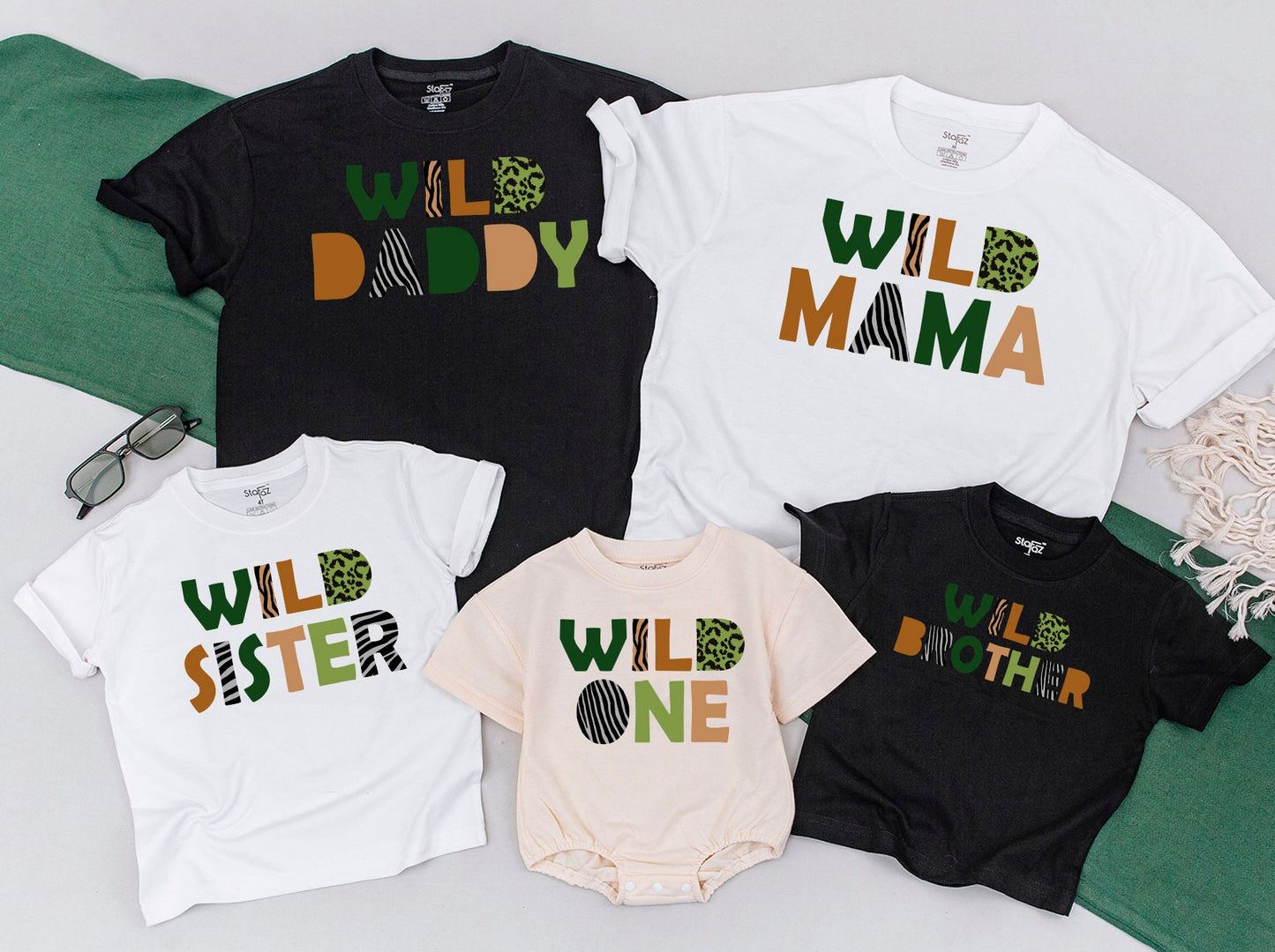 Wild One Matching Family Birthday Shirts for First Celebration Safari Jungle Animal Print Outfit Bold Earth Tones Green Caramel Leopard Pattern