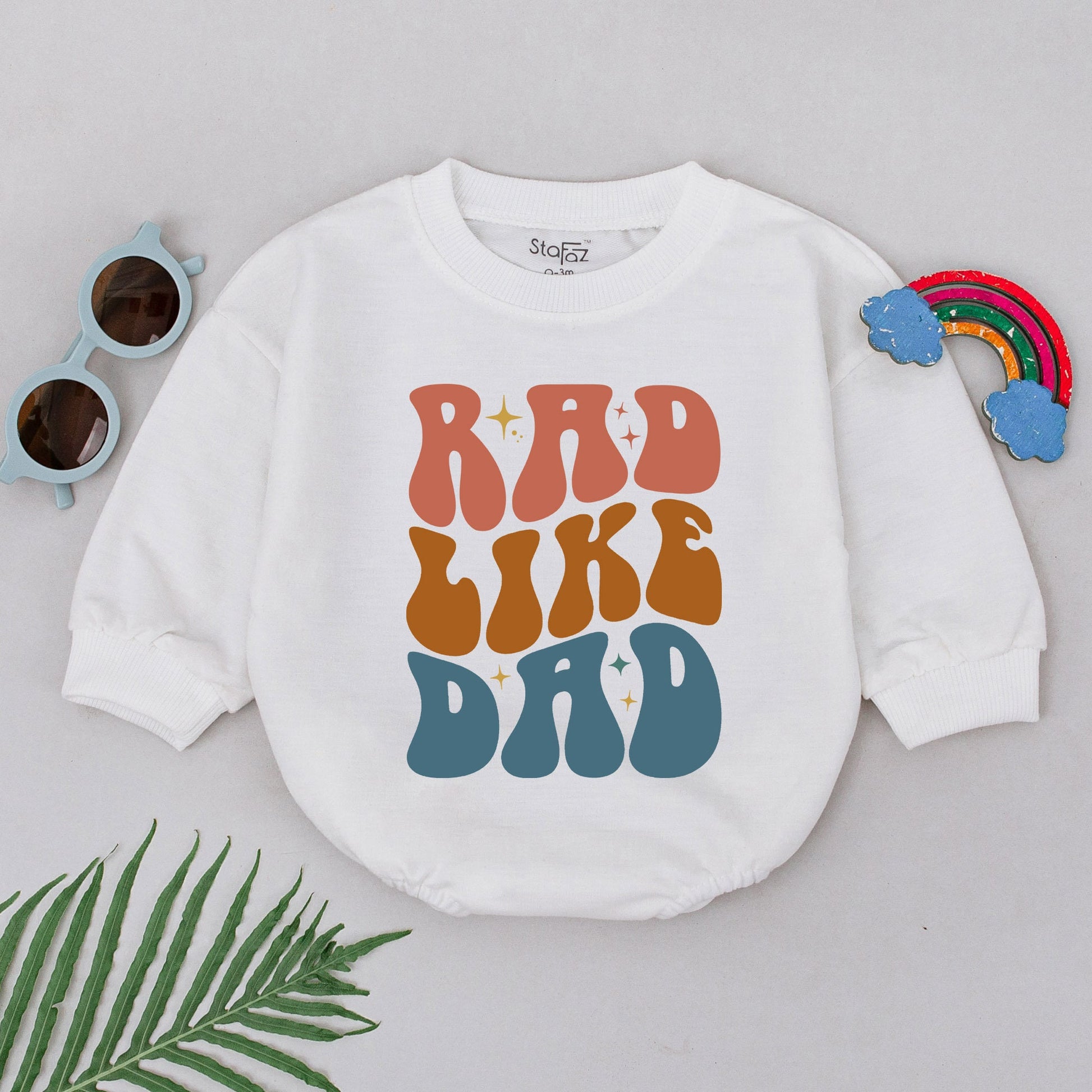 Rad Like Dad Romper Groovy Retro 70s Baby Girl Outfit Peach Orange Teal Starburst Cotton Newborn First Father's Day Baby Shower Gift