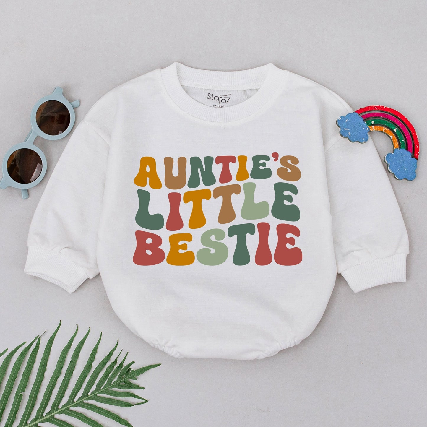 Retro Auntie's Little Bestie Romper Playful Baby Outfit Newborn Gift for New Auntie Mother's Day Shower Girls Boys Green Orange Brown Red