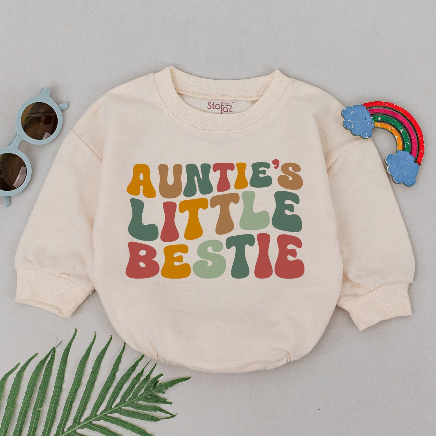Retro Auntie's Little Bestie Romper Playful Baby Outfit Newborn Gift for New Auntie Mother's Day Shower Girls Boys Green Orange Brown Red