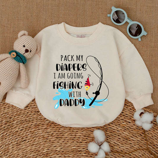 Pack My Diapers I Am Going Fishing With Daddy Romper adorable baby boy bodysuit with cute fishing pole graphic and playful blue water splash new baby shower gift