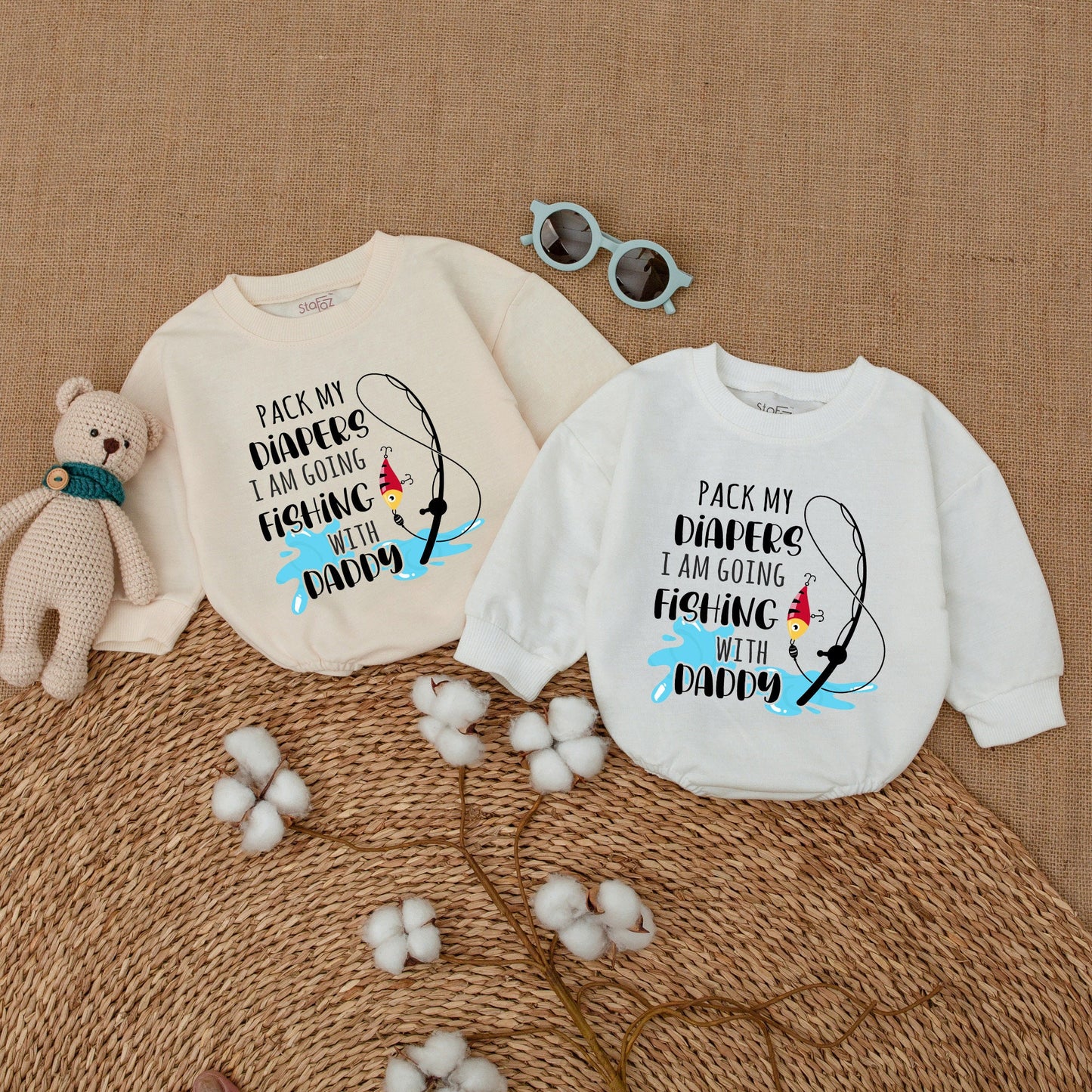 Pack My Diapers I Am Going Fishing With Daddy Romper adorable baby boy bodysuit with cute fishing pole graphic and playful blue water splash new baby shower gift