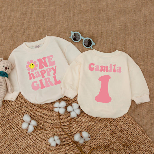 Personalized Baby Girl First Birthday Romper One Happy Girl Groovy Daisy Bodysuit Pink Smiley Face Vintage Celebration Outfit Gift
