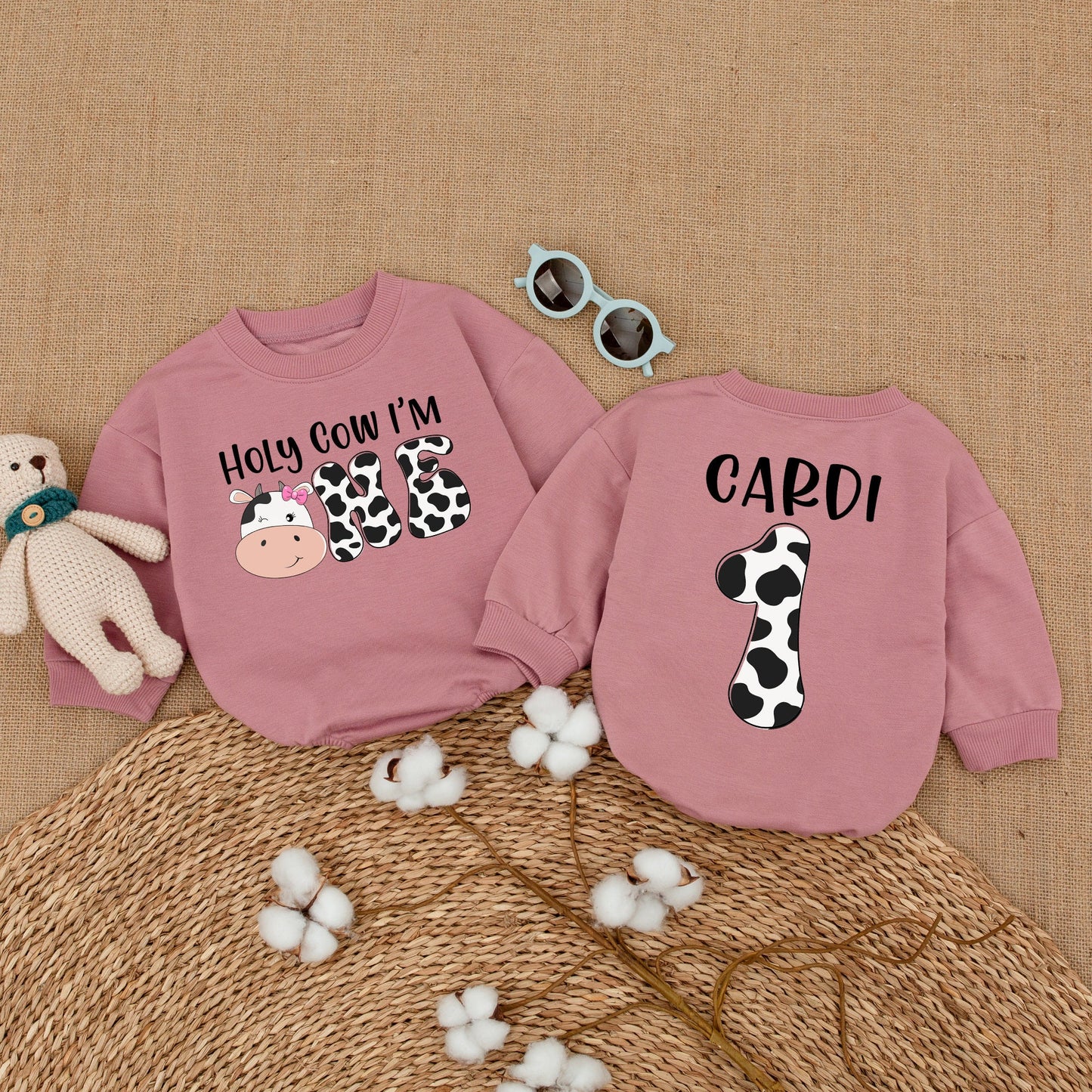 Personalized Holy Cow I'm ONE Baby Girl First Birthday Romper Whimsical Cow Print Bodysuit Farm Theme Bubble Romper Shower Gift