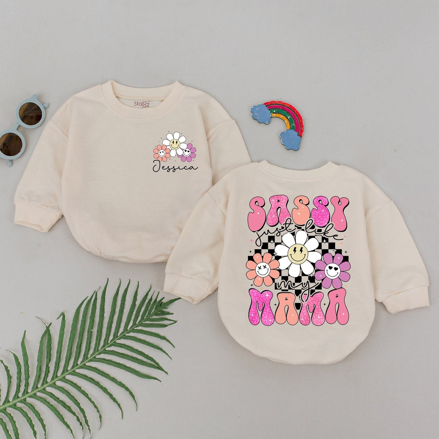 Sassy Just Like My Mama Retro Pink Romper Baby Girl First Mother's Day Outfit Checkered Flower Smile Bodysuit Gift