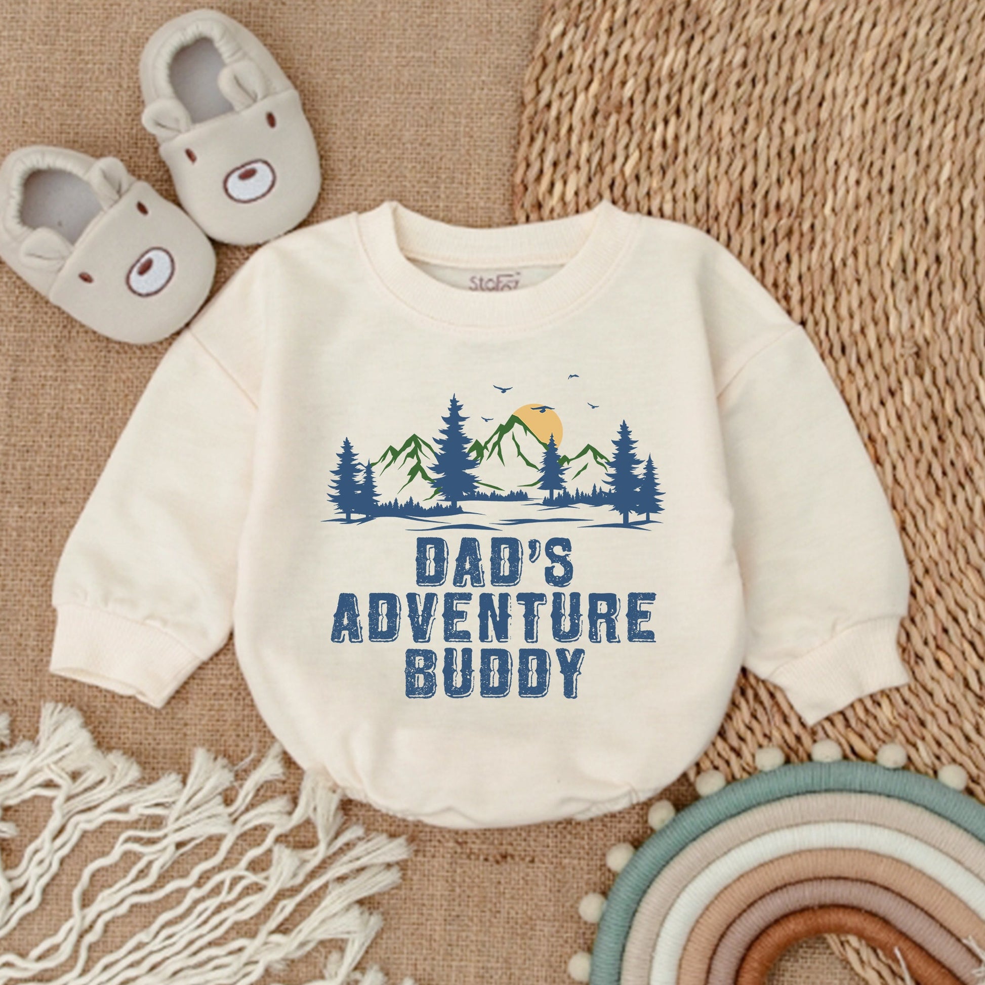 Dad's Adventure Buddy Baby Romper with Nature Trees Mountains Sun Print Outdoorsy Playful Bodysuit Newborn Boy Girl Gift