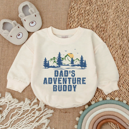 Dad's Adventure Buddy Baby Romper with Nature Trees Mountains Sun Print Outdoorsy Playful Bodysuit Newborn Boy Girl Gift