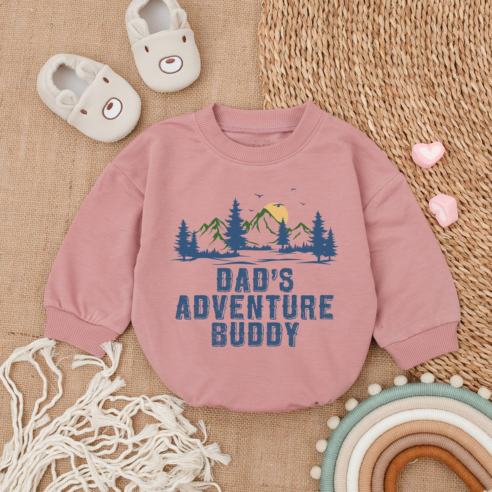 Dad's Adventure Buddy Baby Romper with Nature Trees Mountains Sun Print Outdoorsy Playful Bodysuit Newborn Boy Girl Gift