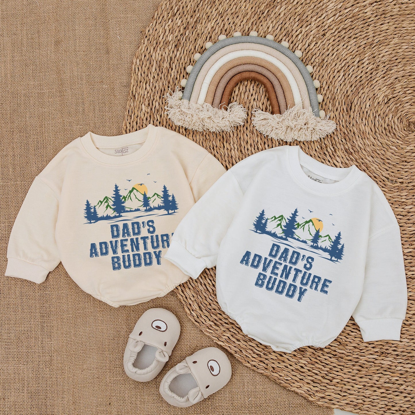 Dad's Adventure Buddy Baby Romper with Nature Trees Mountains Sun Print Outdoorsy Playful Bodysuit Newborn Boy Girl Gift