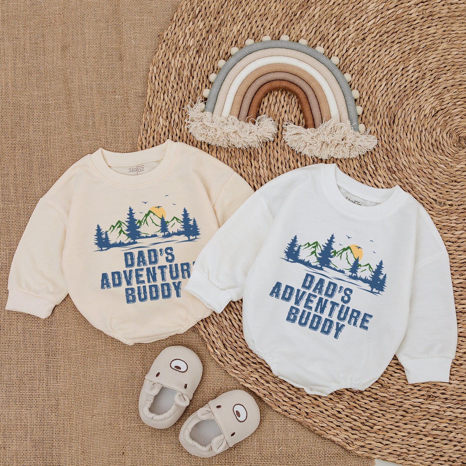 Dad's Adventure Buddy Baby Romper with Nature Trees Mountains Sun Print Outdoorsy Playful Bodysuit Newborn Boy Girl Gift