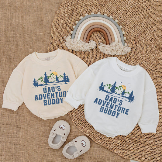 Dad's Adventure Buddy Baby Romper with Nature Trees Mountains Sun Print Outdoorsy Playful Bodysuit Newborn Boy Girl Gift