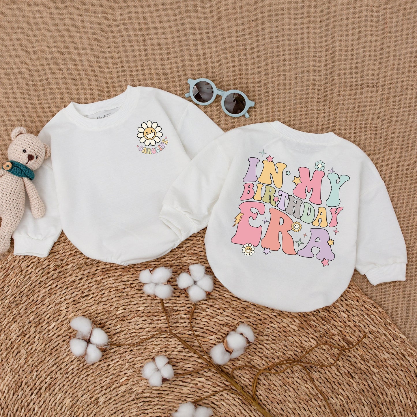 Personalized In My Birthday Era Baby Girl Romper with Caroline Smiley Daisy Fun Retro Pastel First Birthday Smash Cake Outfit