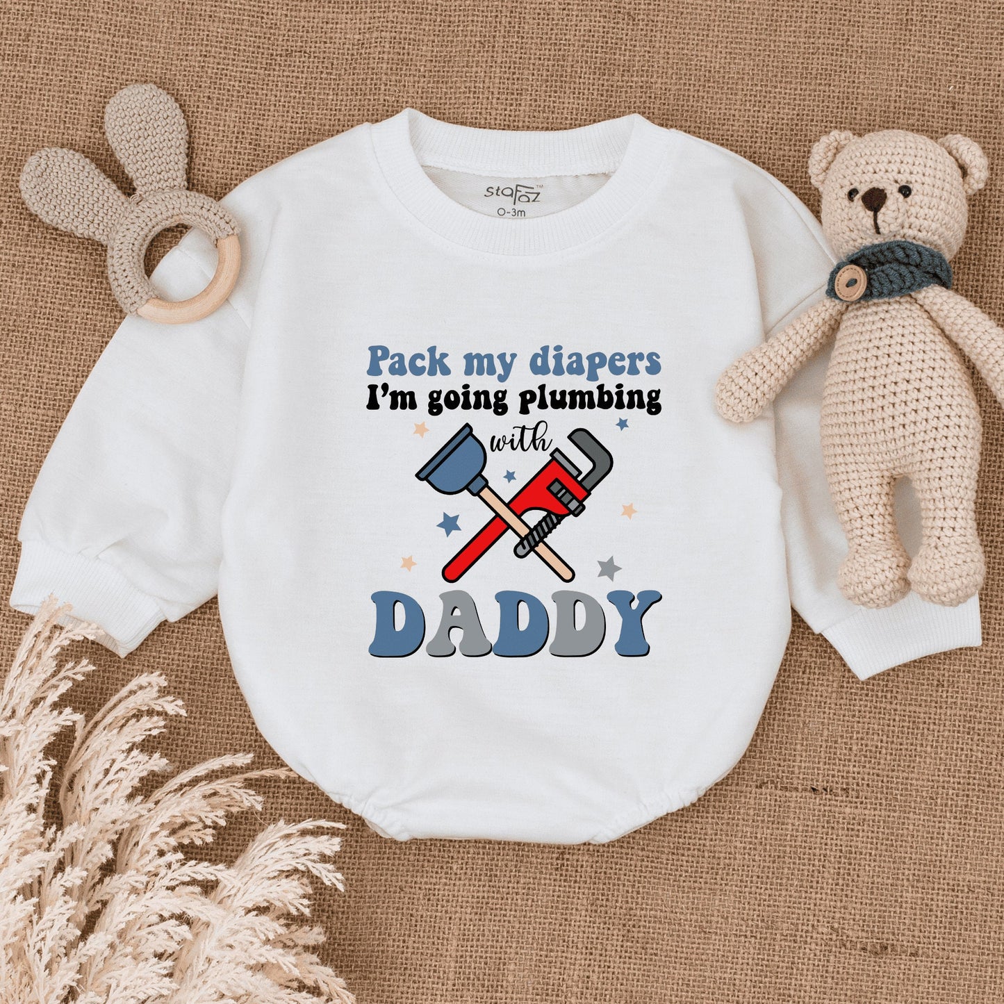 Pack My Diapers Plumbing with Daddy Romper: Funny Father's Day Gift, Newborn Outfit, Plumber Baby Clothes, Blue & Red Wrench Stars, Cute Bodysuit 138