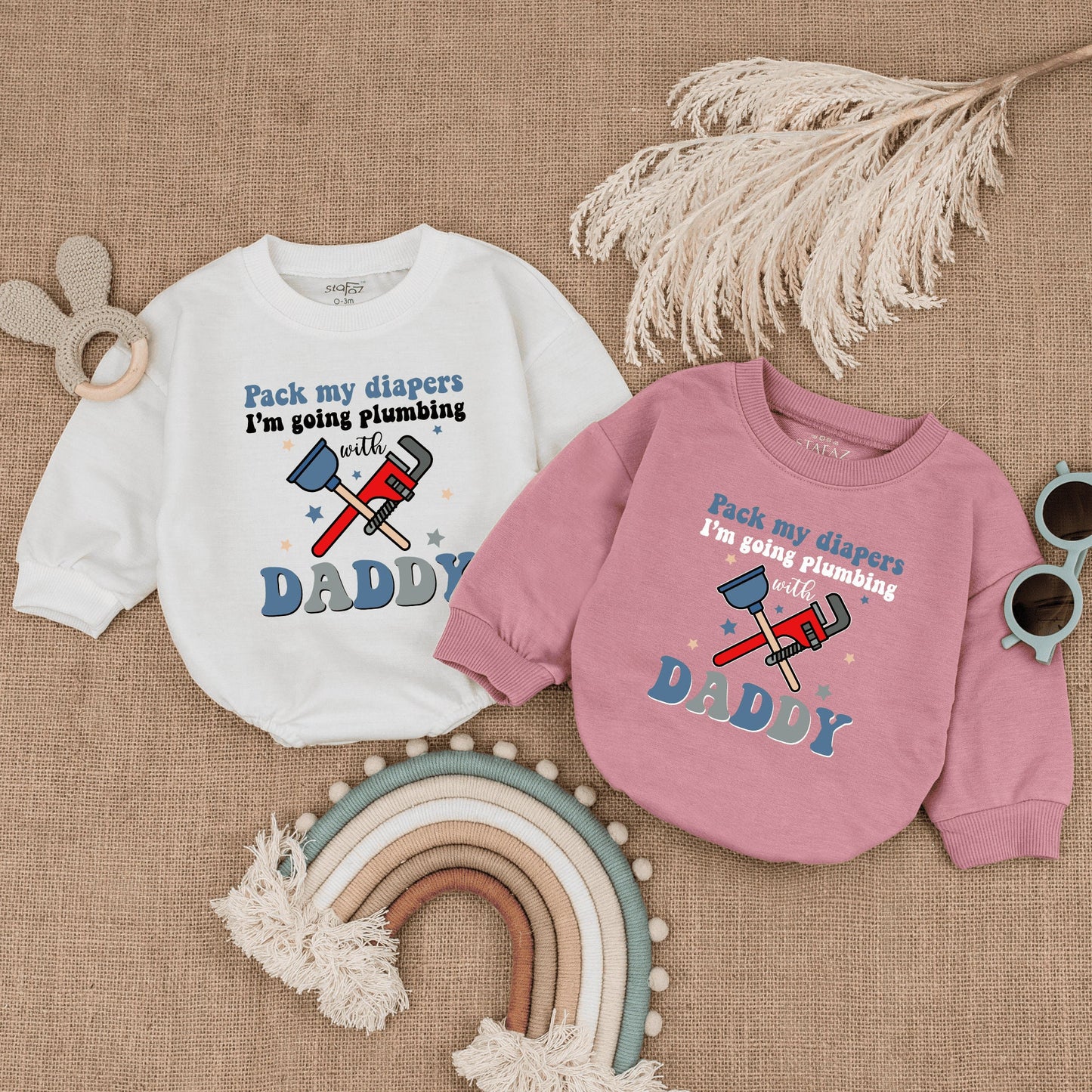 Pack My Diapers Plumbing with Daddy Romper: Funny Father's Day Gift, Newborn Outfit, Plumber Baby Clothes, Blue & Red Wrench Stars, Cute Bodysuit 138