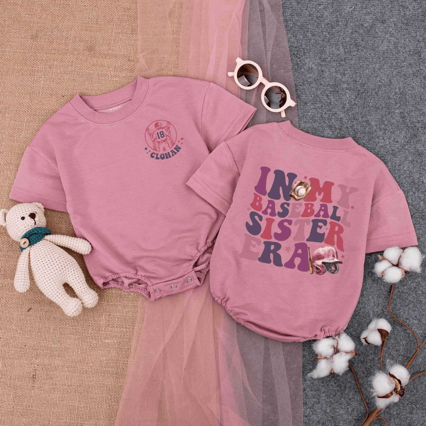 Personalized In My Baseball Sister Era Romper for Baby Girls Gameday Outfit with Player Silhouette 18 Name Purple Pink Glove Helmet
