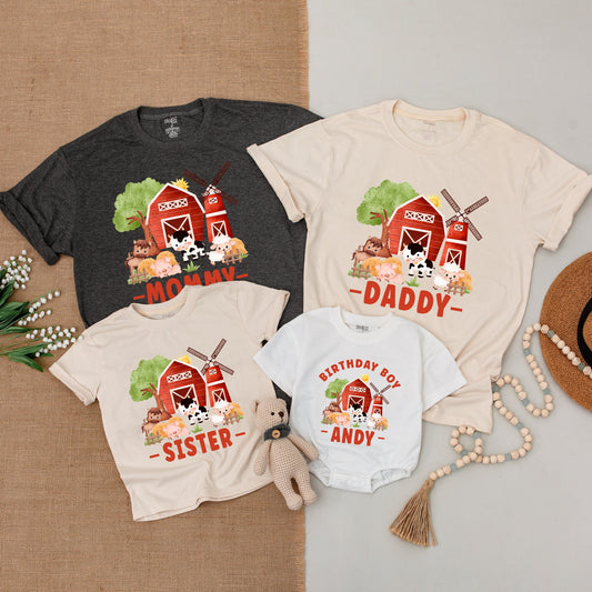Rustic Watercolor Farm Birthday Family Matching Shirts Bodysuit Boy First Party Red Barn Animal Scene Mommy Daddy Sister Outfits