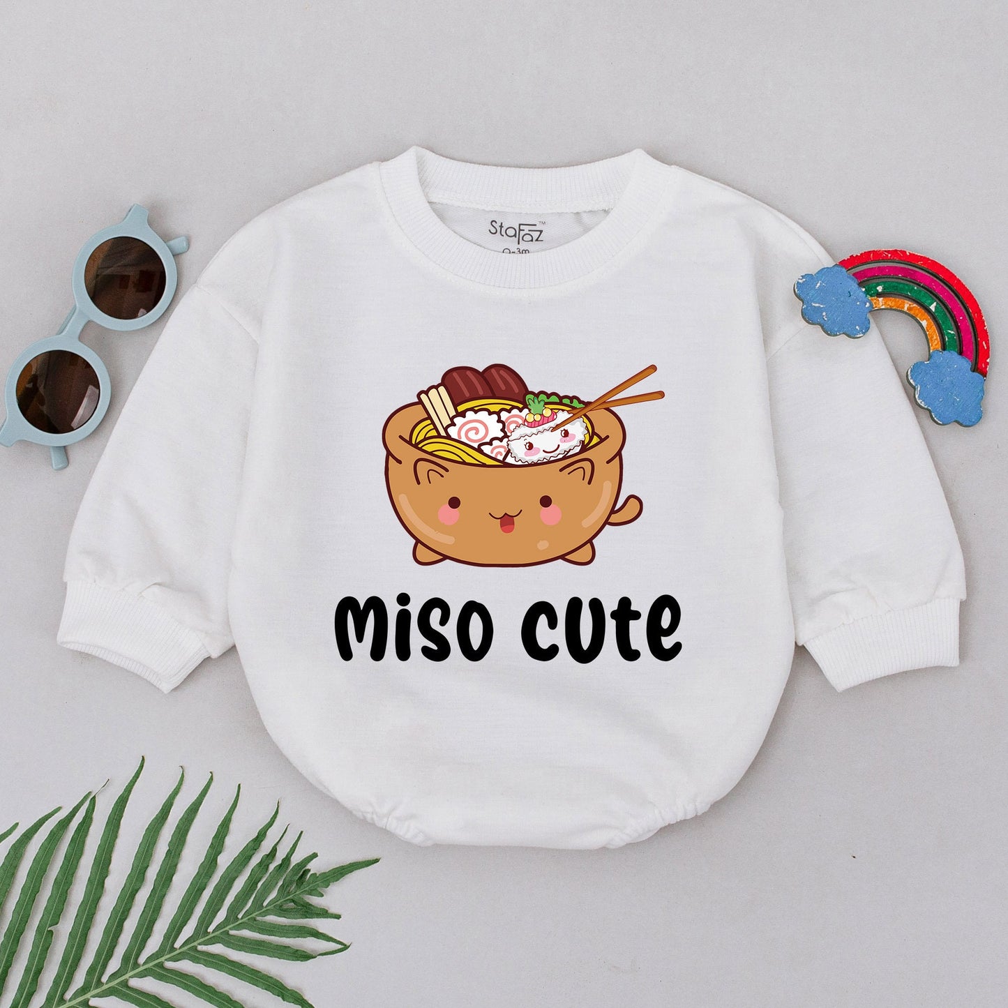 Miso Cute Baby Romper for Girls Boys Smiling Cartoon Miso Soup Bodysuit Noodles Tofu Seaweed Asian Food Newborn Shower Gift Minimalist Outfit