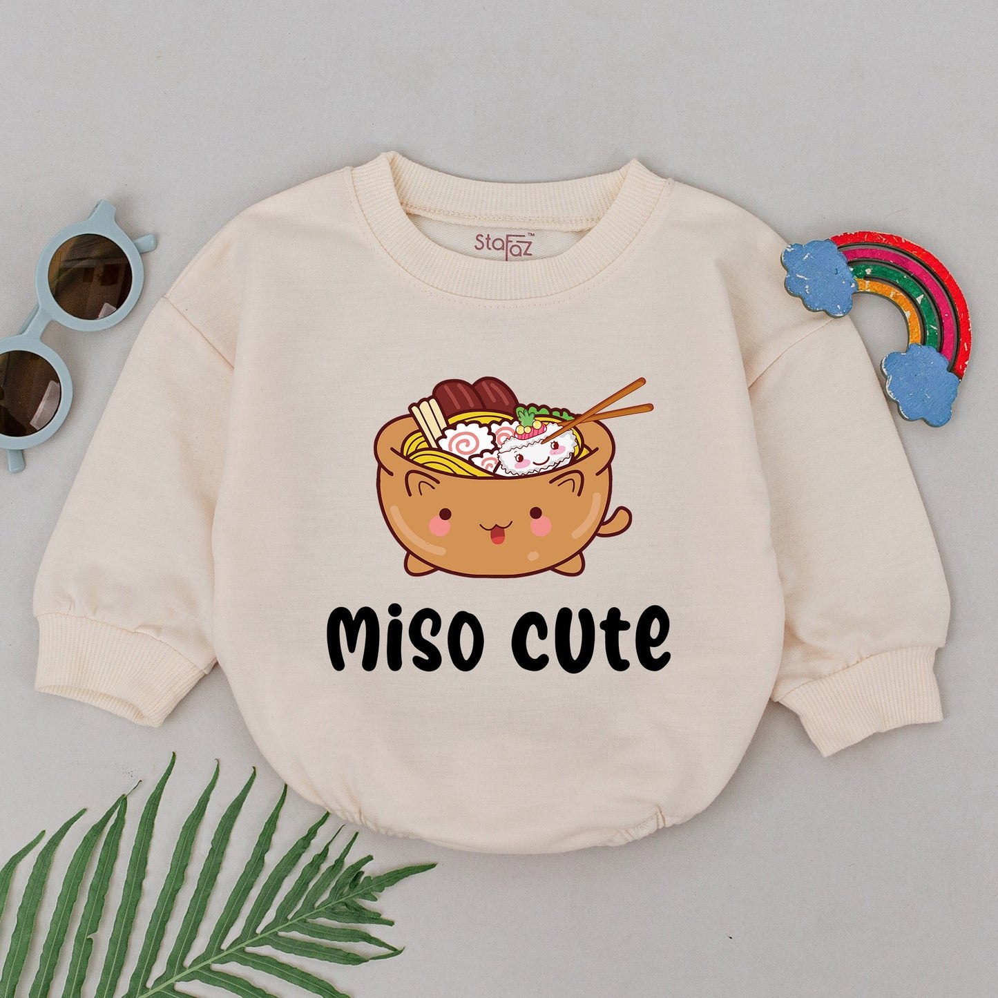 Miso Cute Baby Romper for Girls Boys Smiling Cartoon Miso Soup Bodysuit Noodles Tofu Seaweed Asian Food Newborn Shower Gift Minimalist Outfit