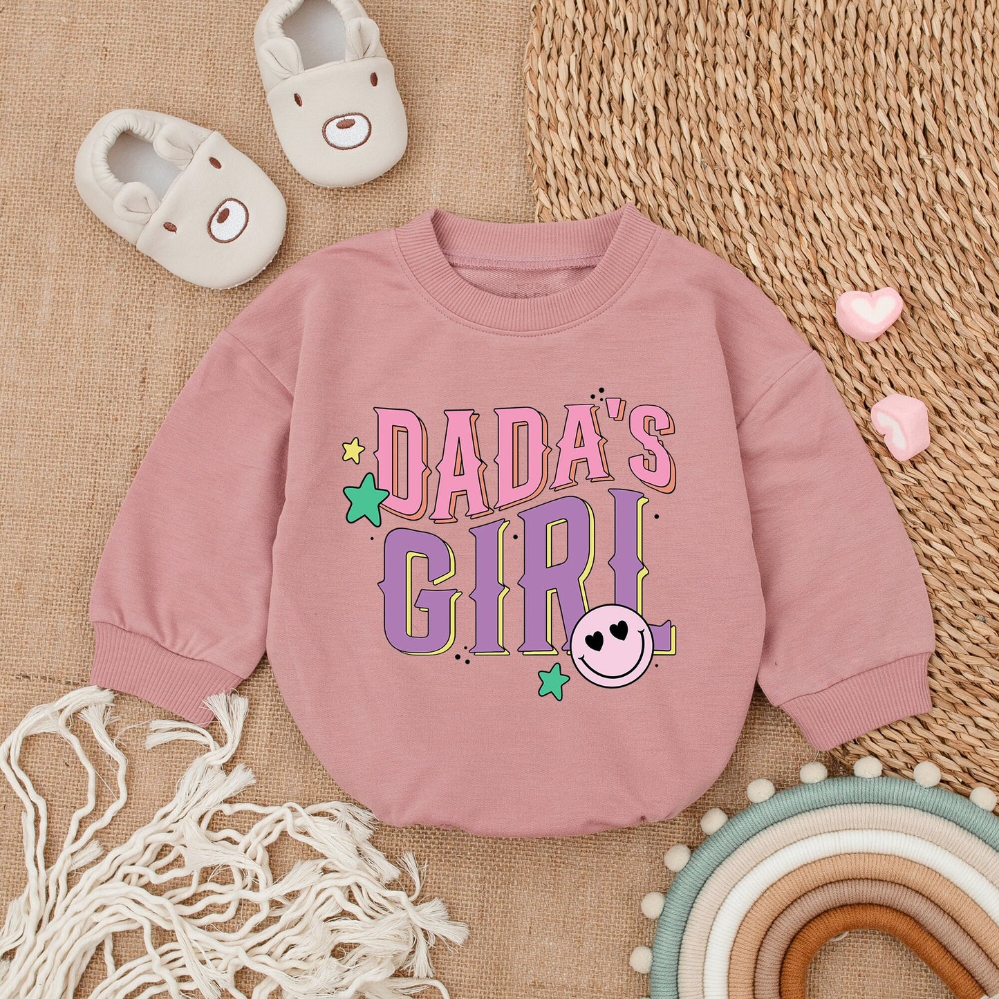 Dada's Girl Playful Pink Purple Romper with Heart Eye Smiley Face Stars Splatter Baby Girl Bodysuit Outfit Comfortable Gift