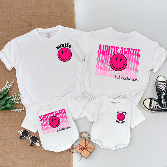Personalized Auntie's Bestie Matching Outfit Modern Pink Smiley Face Baby Romper Cool Aunt Niece Shirt Newborn Girl Shower Gift Fun Aesthetic