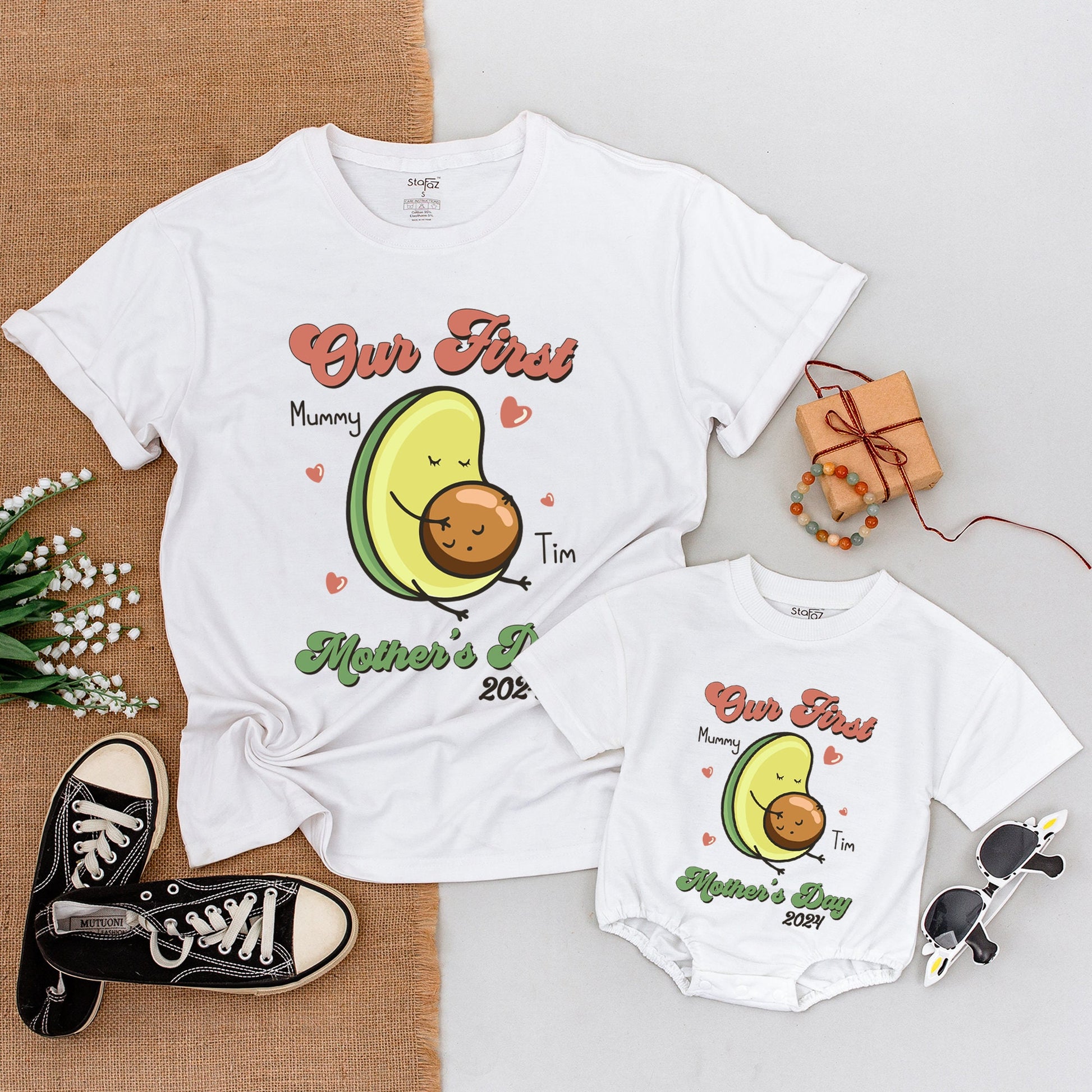 Our First Mother's Day Matching Avocado Shirt with Baby Face Pit Design, Cute Mommy and Me Outfit for New Moms 2024 Celebration