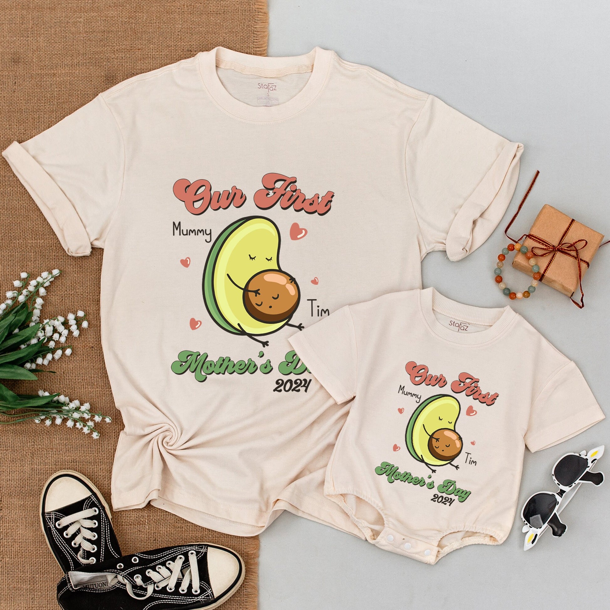 Our First Mother's Day Matching Avocado Shirt with Baby Face Pit Design, Cute Mommy and Me Outfit for New Moms 2024 Celebration