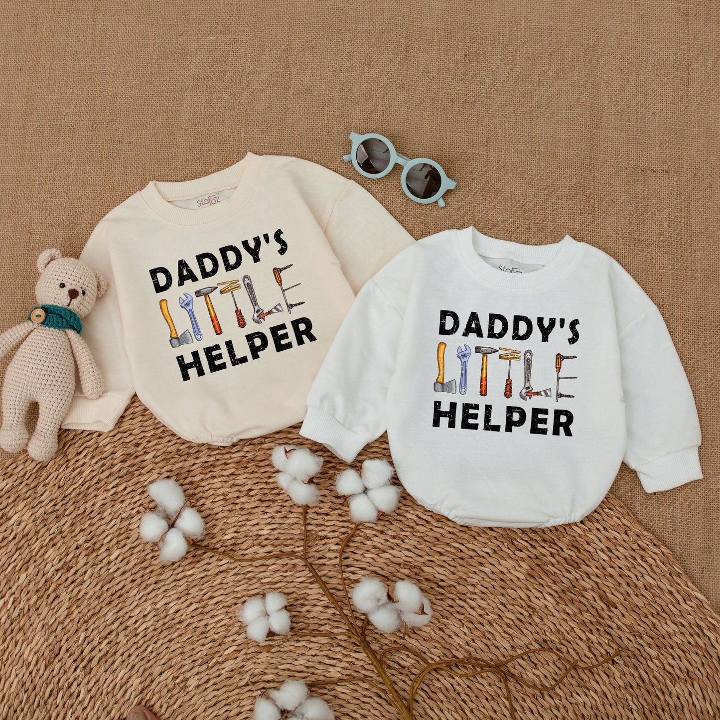Daddy's Little Helper Romper Father's Day Bodysuit Baby Boy Infant Outfit with Hand Tools Playful Rustic Baby Shower Gift Coming Home Announcement
