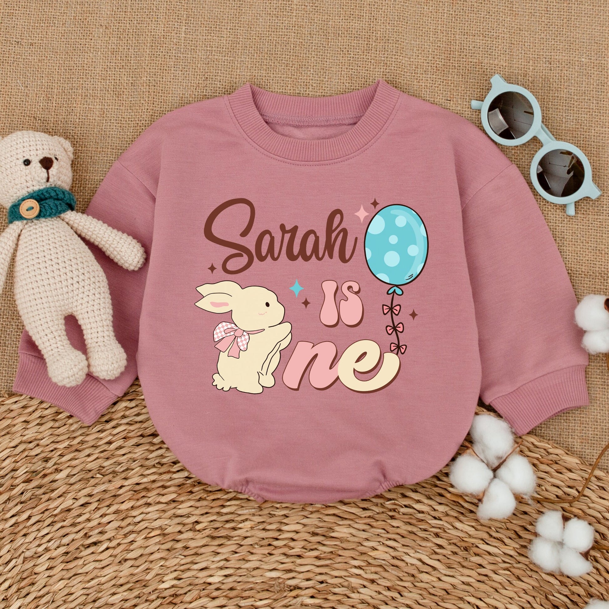 Personalized Some Bunny Is One Birthday Romper for Baby Girl Sarah, Adorable First Birthday Smash Cake Outfit Pink Bow Blue Polka Dots