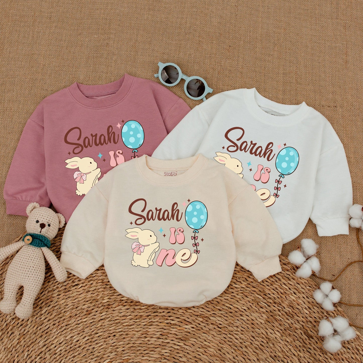 Personalized Some Bunny Is One Birthday Romper for Baby Girl Sarah, Adorable First Birthday Smash Cake Outfit Pink Bow Blue Polka Dots