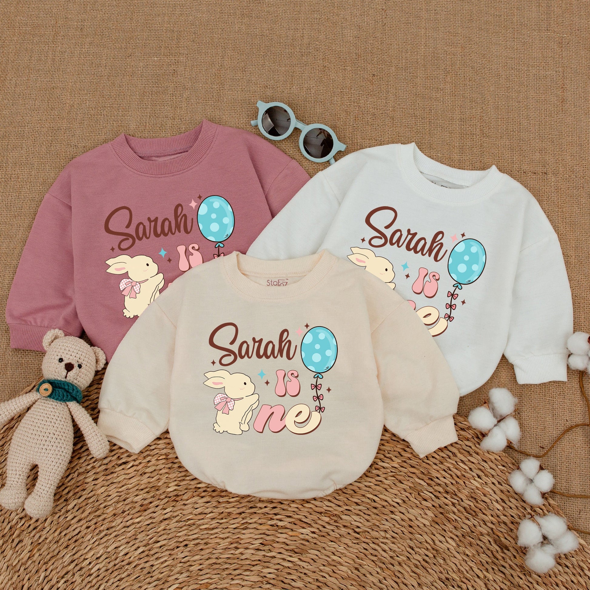 Personalized Some Bunny Is One Birthday Romper for Baby Girl Sarah, Adorable First Birthday Smash Cake Outfit Pink Bow Blue Polka Dots